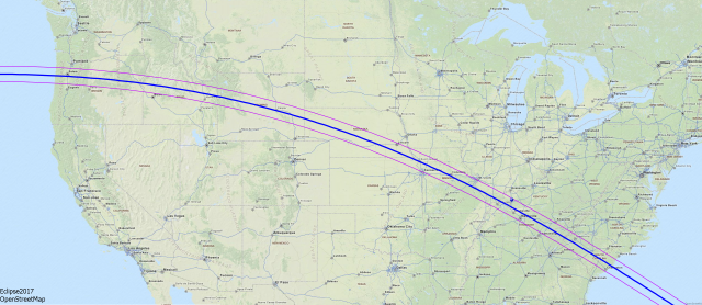 The path of the Great American Solar Eclipse. Viewers watching from areas crossed by the blue line will have the best experience. Outside the red lines, you’ll only see a partial eclipse. [Image Credit: Wikimedia Commons/ Wolfgang Strickling | CC BY-SA 2.5] 