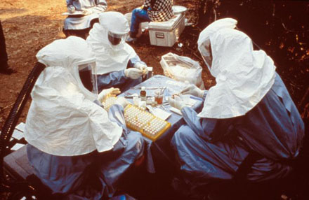 During a 1995 Ebola outbreak these CDC and Zairian scientists took samples from animals collected in Zaire. [CREDIT: CENTERS FOR DISEASE CONTROL AND PREVENTION]