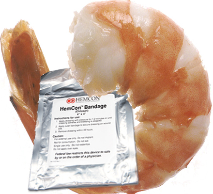 The HemCon bandage is a veritable shrimp gumbo, used to control severe hemorrhagic bleeding.  [CREDIT: LINDSEY BEWLEY]