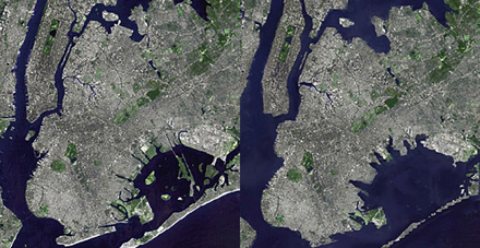 Manhattan before projected sea level rise (left) and after (right). [CREDIT: Daniel P. Schrag]