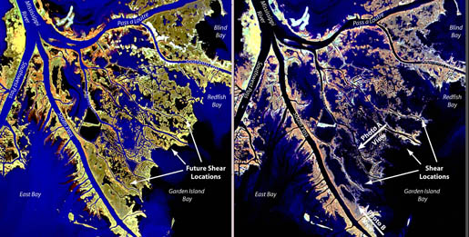 South Pass, LA before (left) and after (right) Hurricanes Katrina and Rita. CREDIT: [USGS]