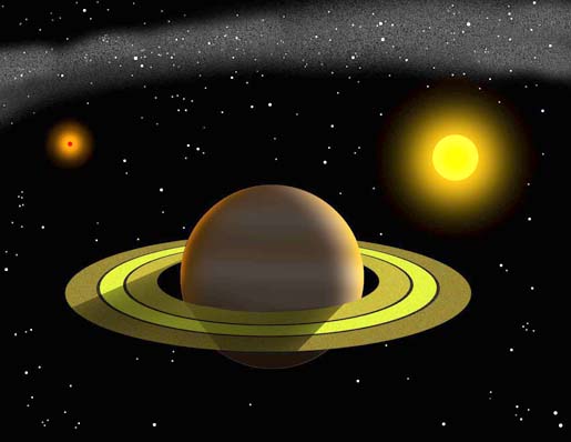 Artist's conception of a planet with binary stars [Credit: Tim Jones/McDonald Observatory]