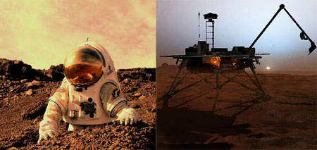 Man and machine both offer advantages in scientific exploration, but only one warrants a <br>memorial service if things go wrong. [Credits: NASA Haughton-Mars Project/Pascal Lee; <br>Corby Waste/NASA JPL/Caltech]