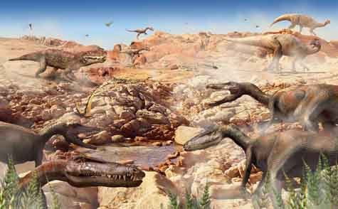 In this reconstructed scene from the Late Triassic a herd of primitive carnivores, Coelophysis, walk in <br>the foreground. Lurking in the background is a crurotarsan. [Credit: Stephen Brusatte]