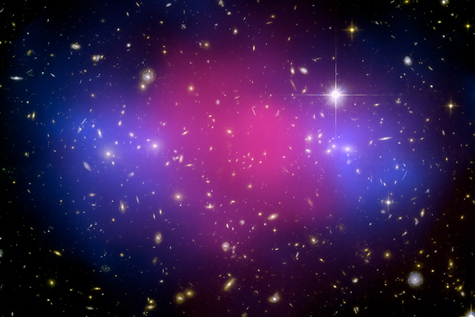 Scientists found further evidence of mysterious "dark matter" when two distant galaxy clusters collided.  [Credit: X-ray(NASA/CXC/Stanford/S. Allen); Optical/Lensing(NASA/STScI/UC Santa Barbara/M. Bradac)]