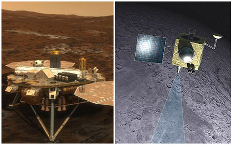 The Phoenix lander (left) signed off while an Indian spacecraft pulled into an orbit around the Moon this week.
Credit: NASA/JPL-Caltech/University of Arizona; ISRO