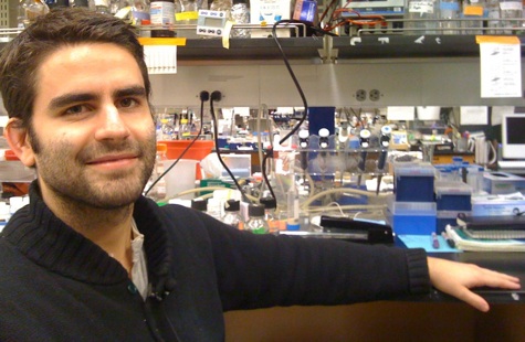 Alexis Gambis in the lab at Rockefeller University where he is finishing his graduate research. He is <br> surrounded by the fruit flies that inspired one of his science films.  [Credit: Lindsey Konkel and Carina <br> Storrs].