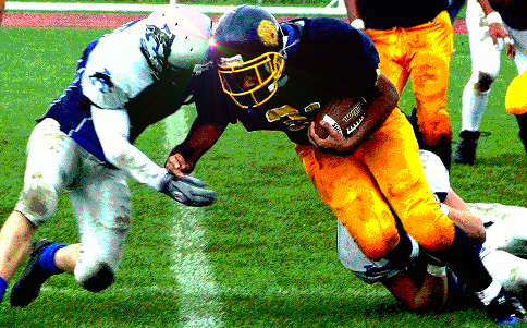 High school football players are prone to concussion-causing collisions, but often unwilling to prioritize <br> their safety over playing time [Credit: Herald Post, flickr.com, remixed by Shelley DuBois].