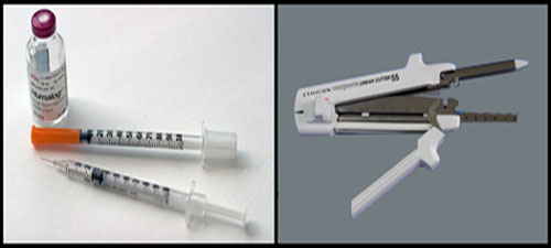 Some patients with type 2 diabetes may see an end to insulin injections (left) after having weight-loss surgery that involves stapling (right) the stomach. [Credit: Left-sriram bala, flickr.com; Right-ignis, wikimedia. Compiled by Carina Storrs]