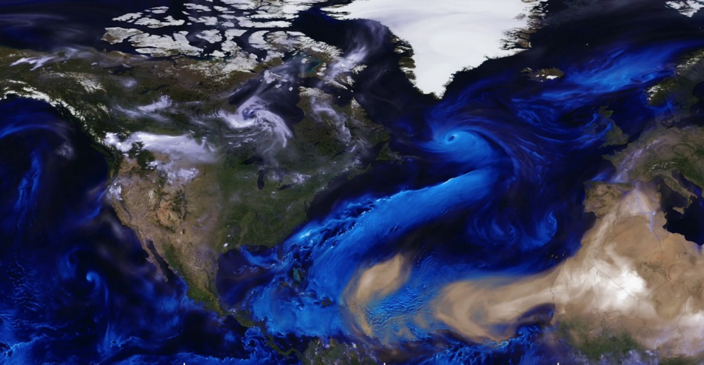 View of Earth from space, dust flowing from Africa west toward the Americas.