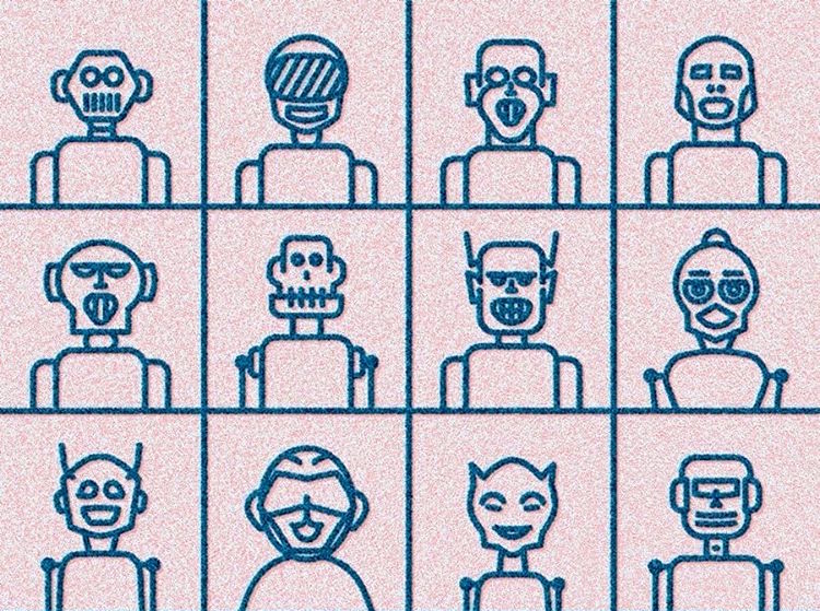 illustrations of 12 robot faces in a grid