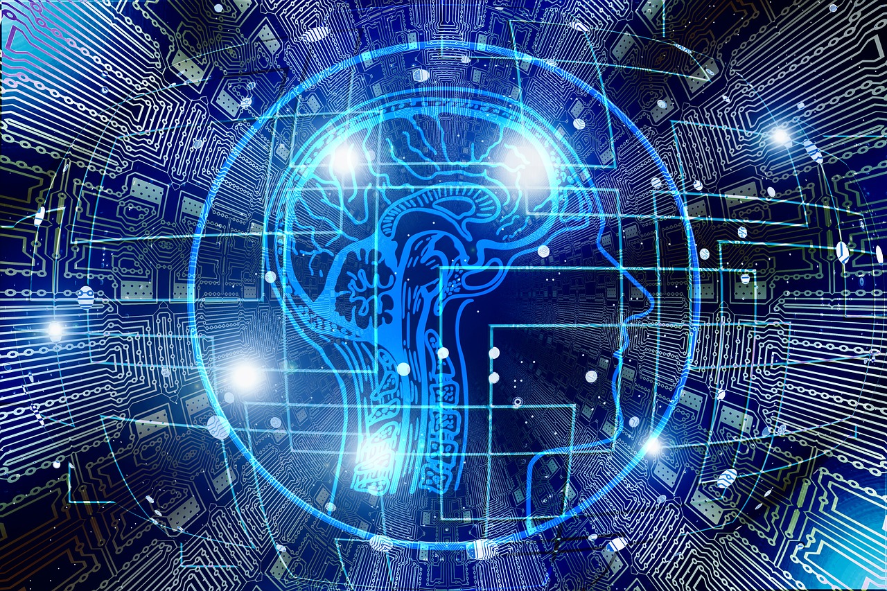 An image of a human brain is highlighted through computer circuits