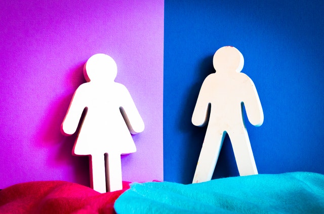 A "woman" symbol is on a pink background, next to a "man" symbol on a blue background.