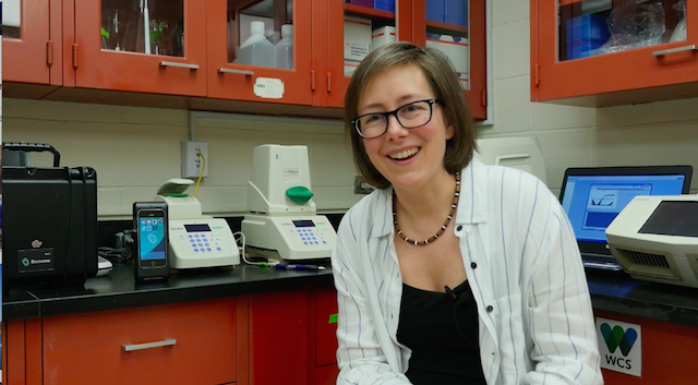 Tracie Seimon sits in her lab