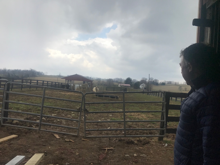 mans profile overlooking farm