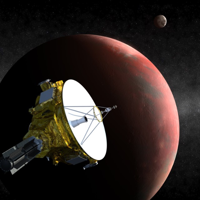 Artist's conception of New Horizons flying past Pluto and Charon