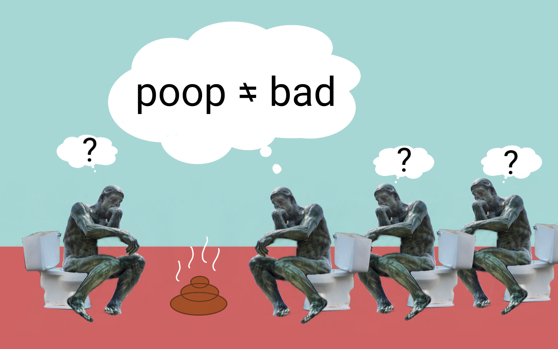 Several Auguste Roudin "The Thinker" statues sit on toilets and ponder poop.