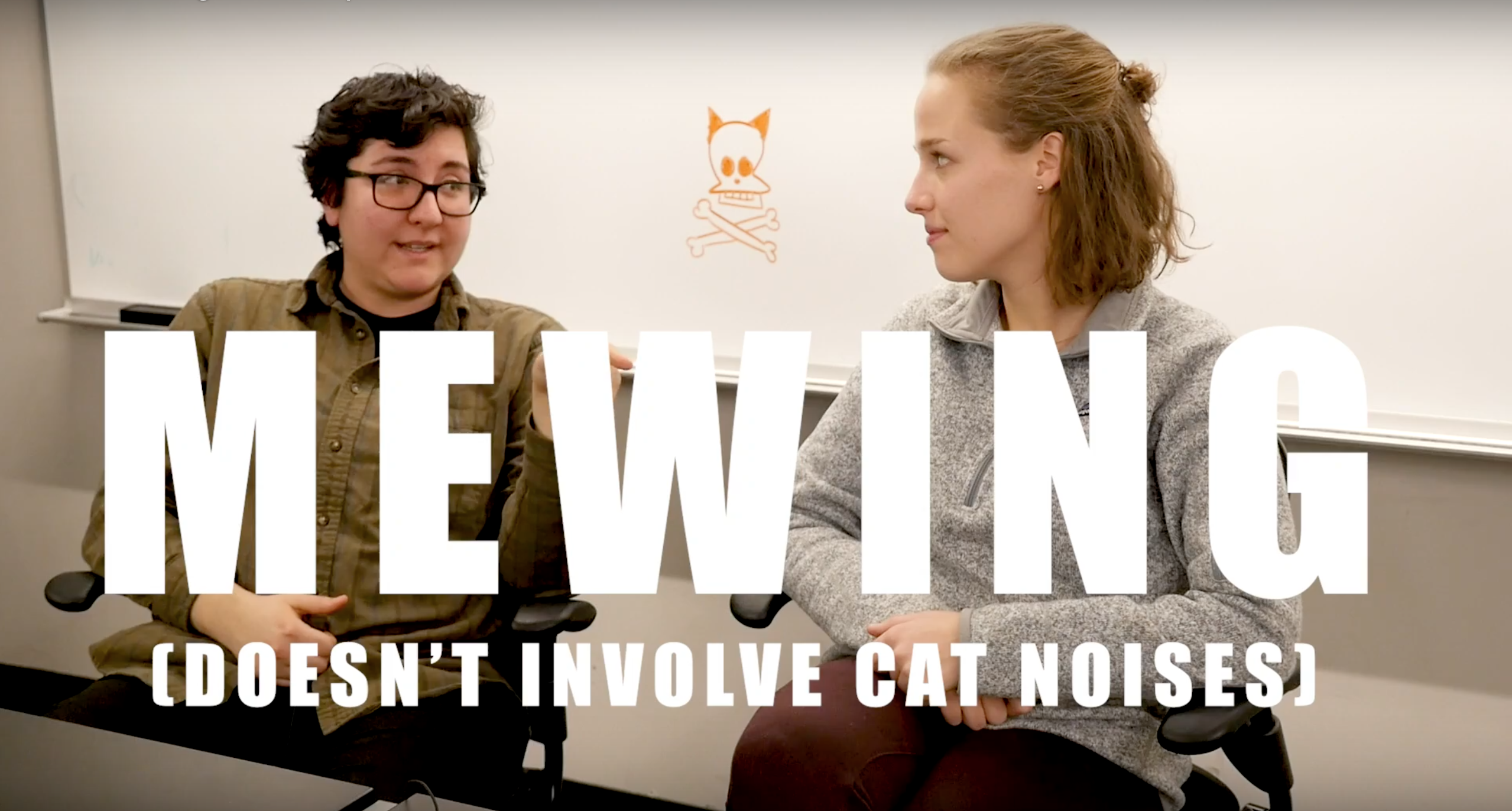 two people sit in front of a white board with "Mewing (Doesn't involve cat noises)" displayed in the text in front.