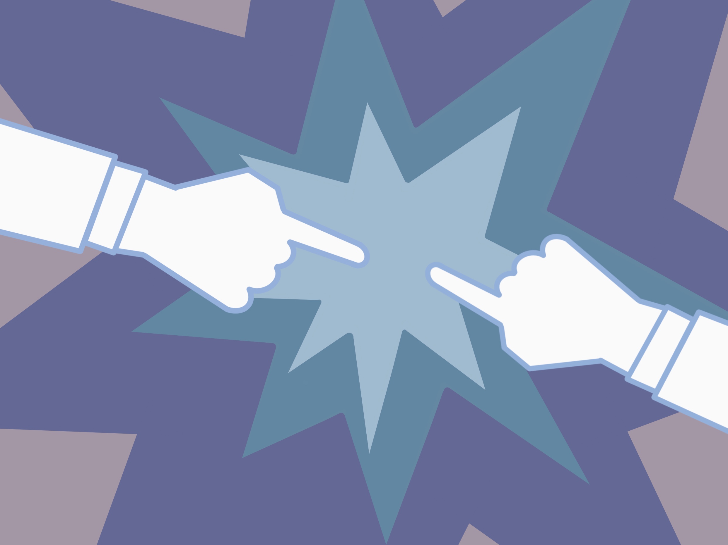 Digital illustration of two hands pointing at each other with a starburst in the background