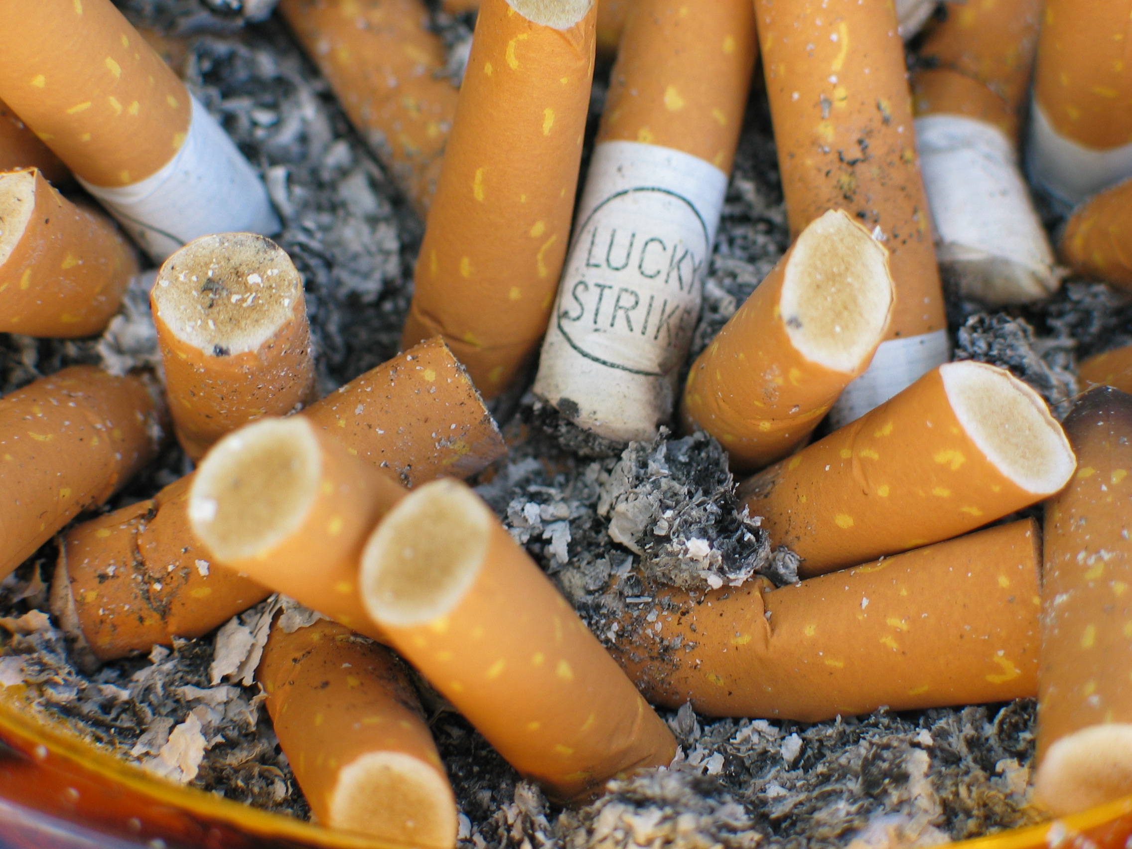 A closeup of an ashray packed with orange cigarette butts.