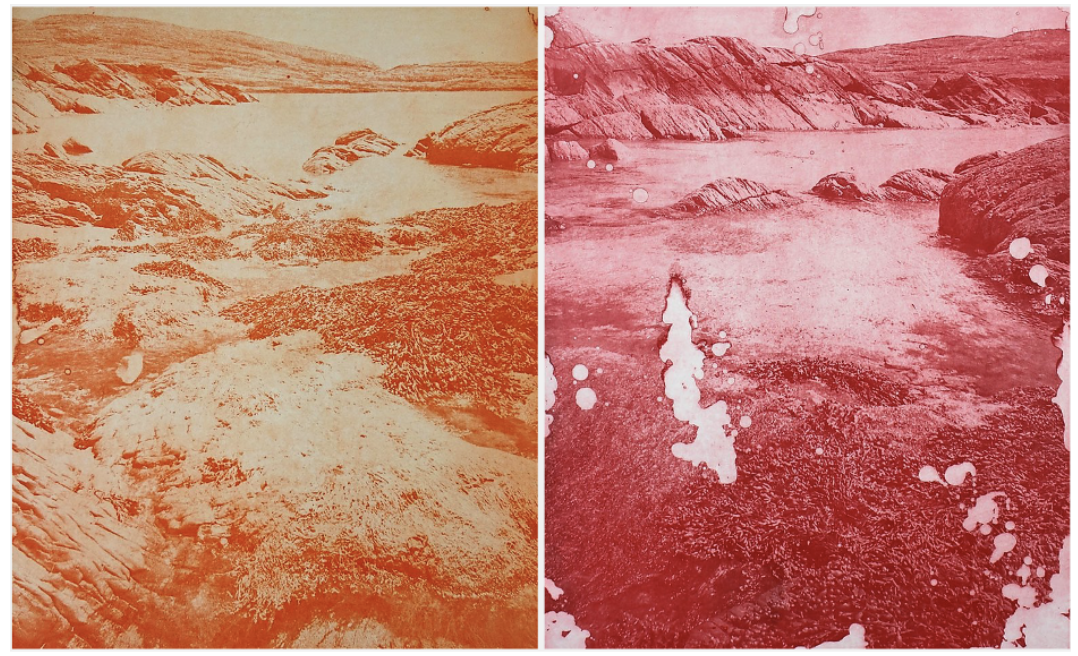 Two of Angela Gilmour’s etchings show how natural and man-made events damage landscapes. “Toxic Wednesday” (left) shows what happens when dust clouds from the Saharan desert collide with an Atlantic weather system and pollution. The result is a toxic smog with an orange to red hue that hangs over the United Kingdom. “Blood Rain Thursday” (right) shows the dust and smog released as blood red rain. [Credit: Angela Gimour]