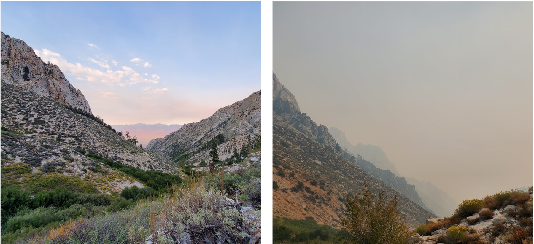 Two pictures of the same rocky, high desert view side-by-side. On the left, the sky is blue and clear. On the right the air is yellow with smoke, visibility is reduced, and the sky is grey.