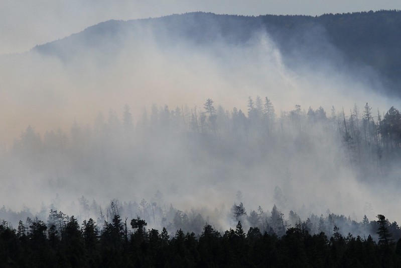 Smoke rises from trees on mountain ridges