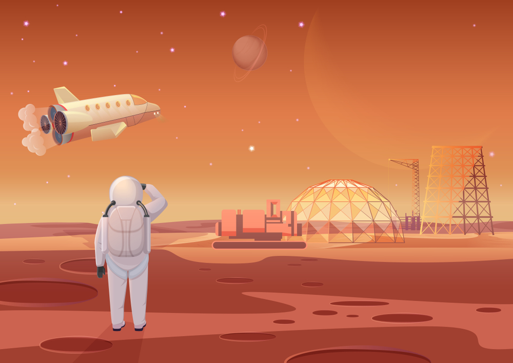 An animated astronaut surveys her home on Mars while a space shuttle lifts off.