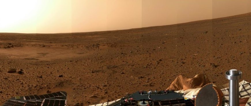 A panoramic image of the surface of Mars taken by the Spirit rover.