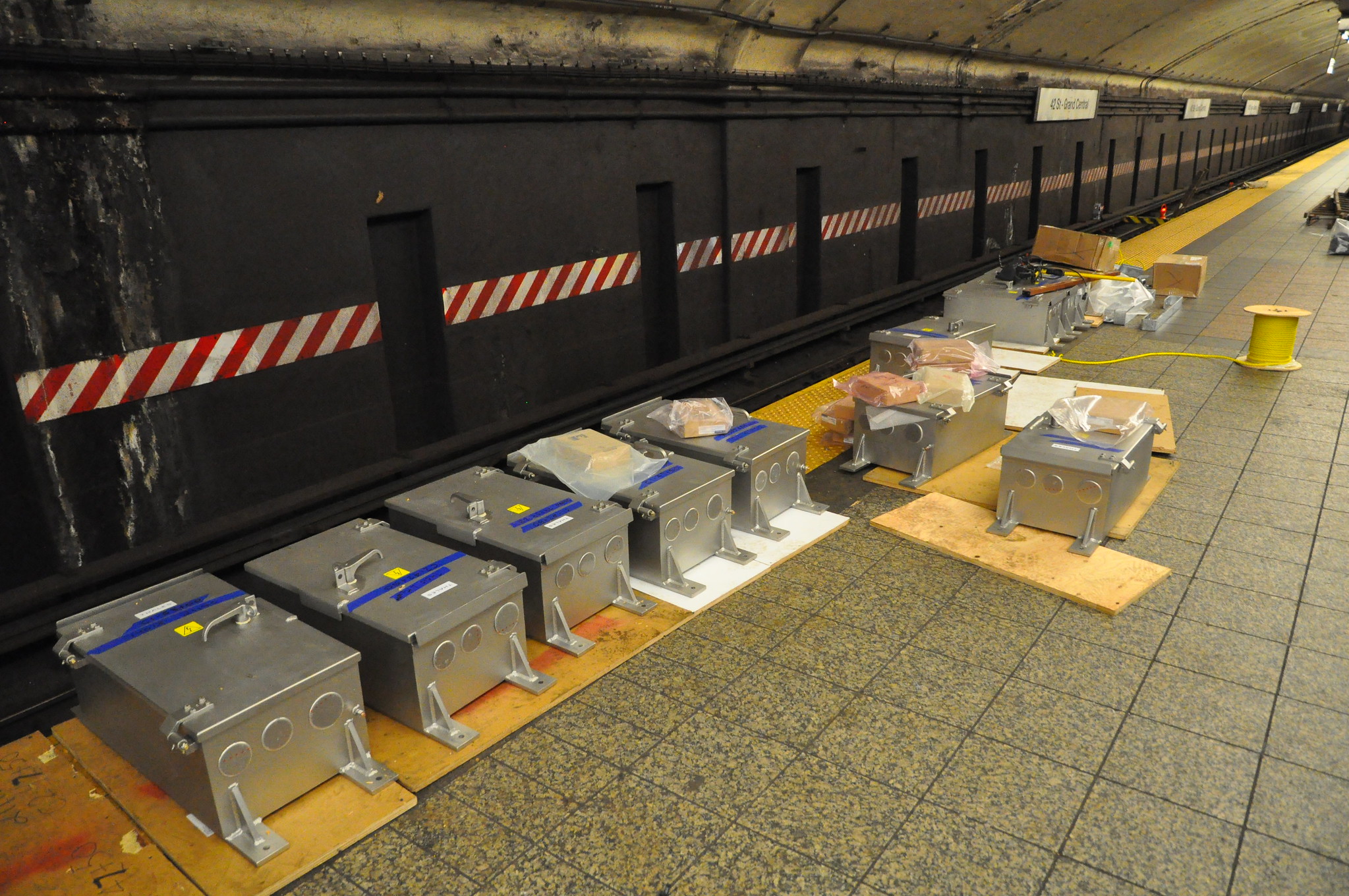 Metadata: Communications-based train control (CBTC) equipment sits on a subway platform.