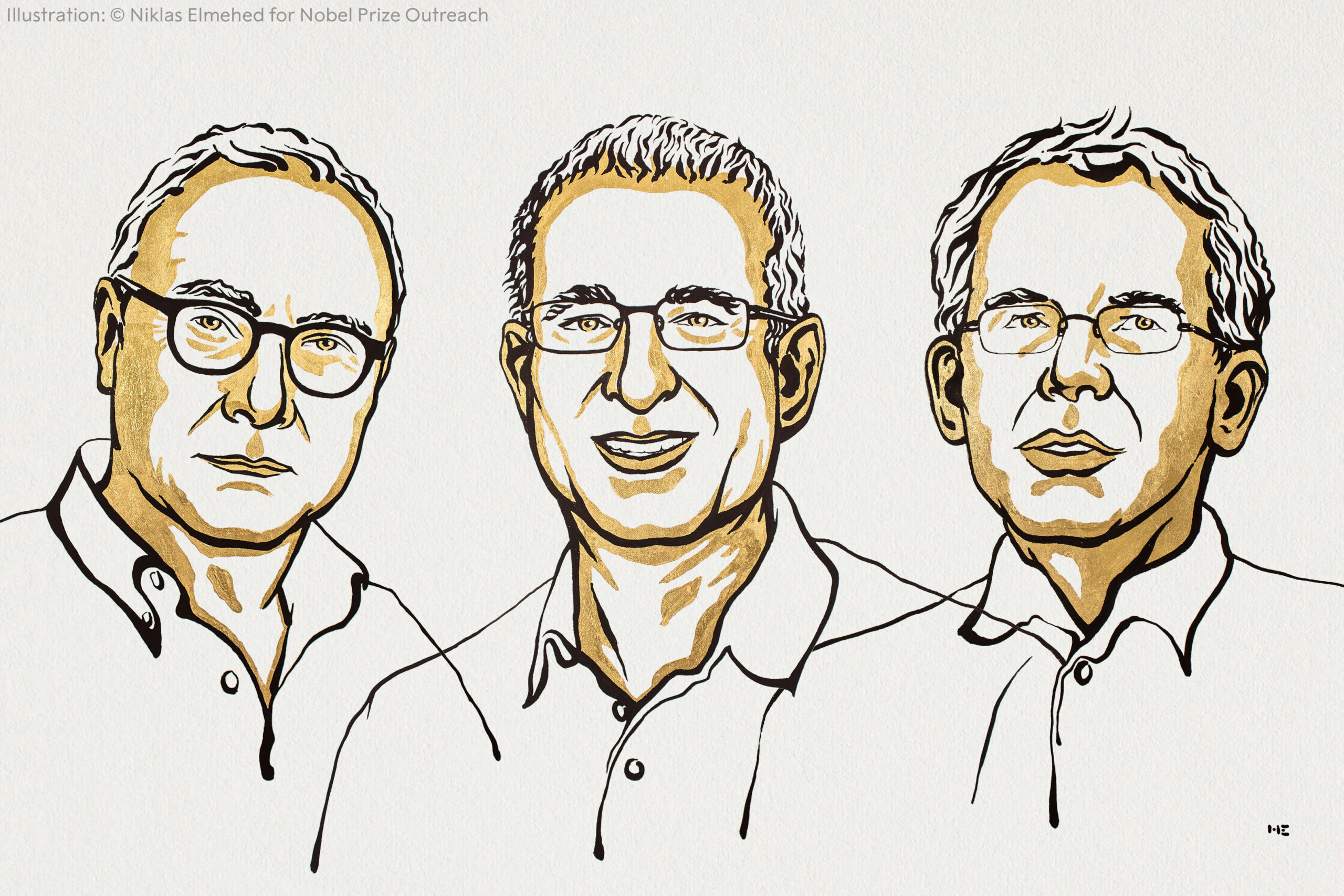 Line drawing of the three winners of the 2021 Nobel Prize in Economics.