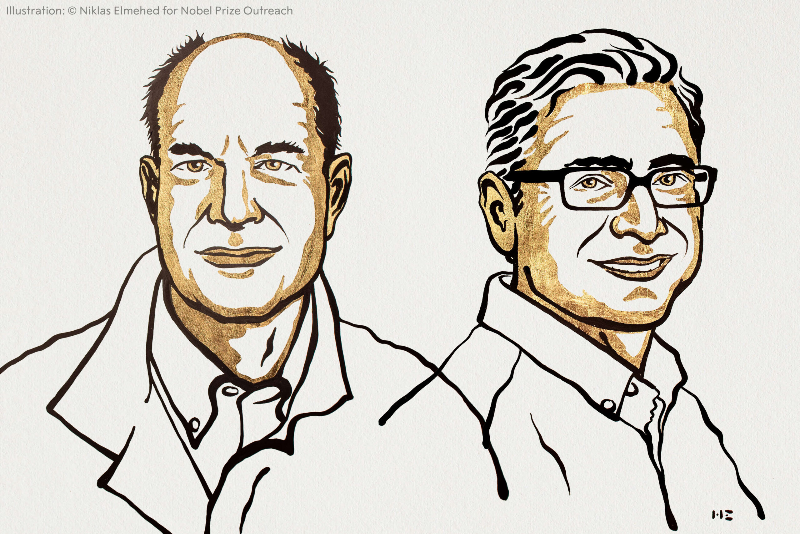 Line drawing illustration of the two Nobel prize winners, Julius and Patapoutian