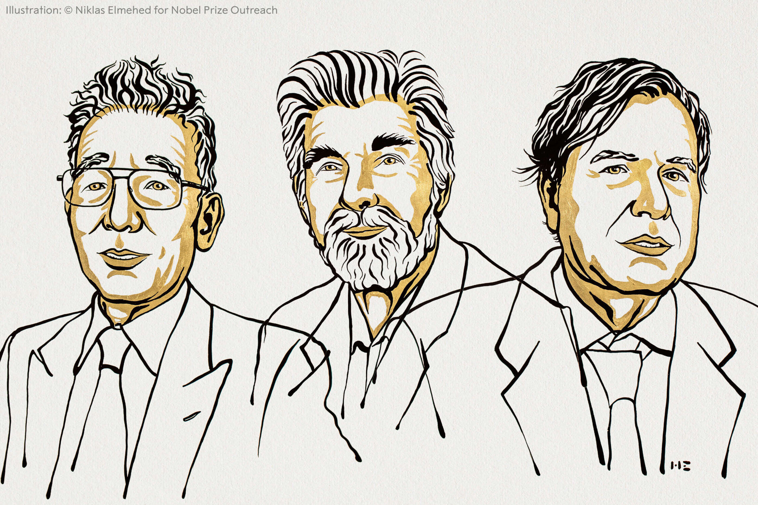 Line drawing of the three winners of the 2021 Nobel Prize in Physics