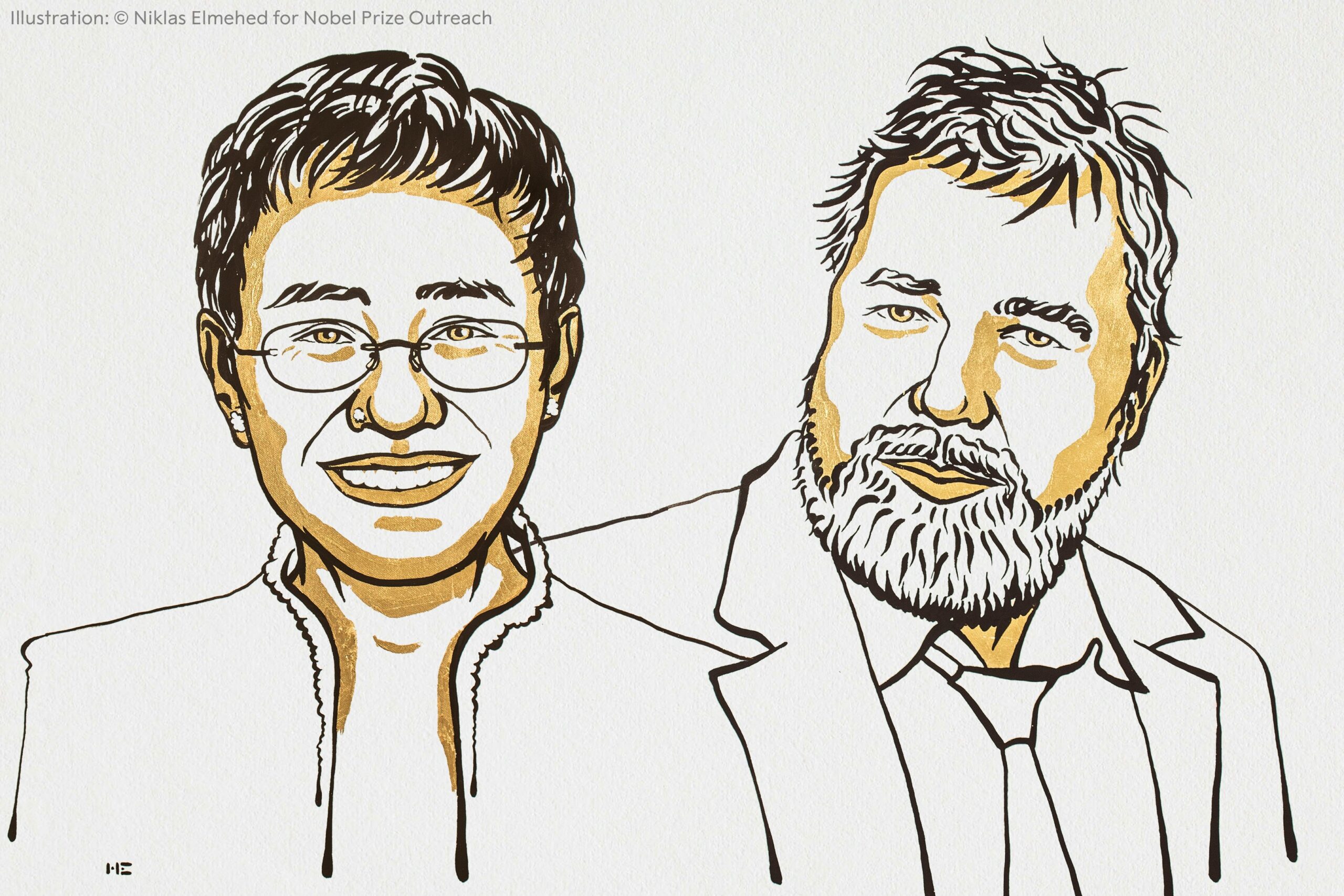 Line drawing of Maria Ressa and Dmitry Muratov