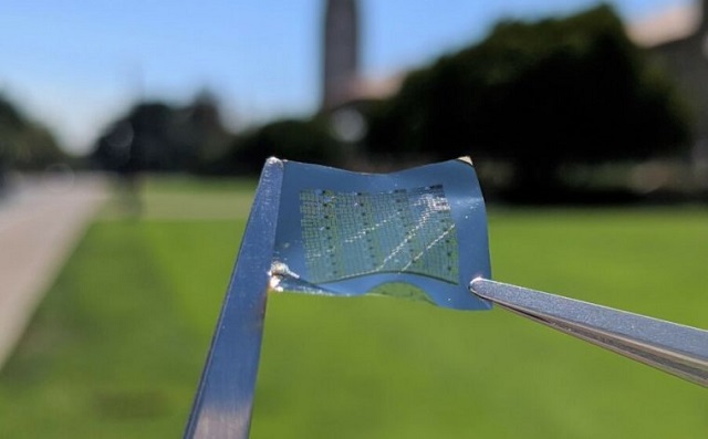A photo of a bendable memory chip, made on a plastic substrate, produced by a research team from Stanford University. Researchers say clothing that can record a patient’s vital signs may be one of the first commercial applications of a flexible plastic memory chip.