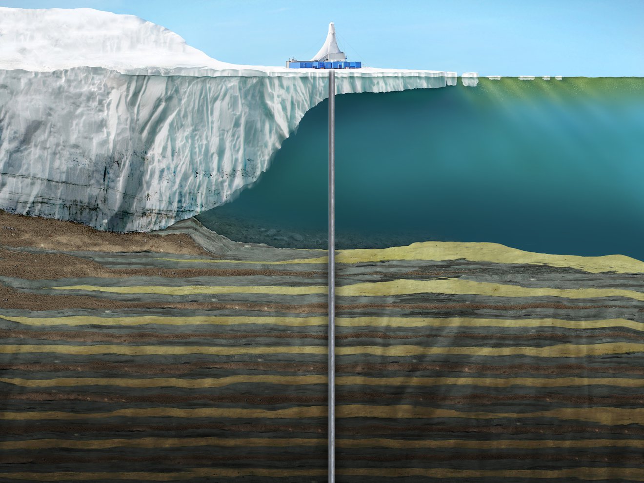 An illustration of sediment core drilling in the Antarctic for a NASA study into ancient climate change.