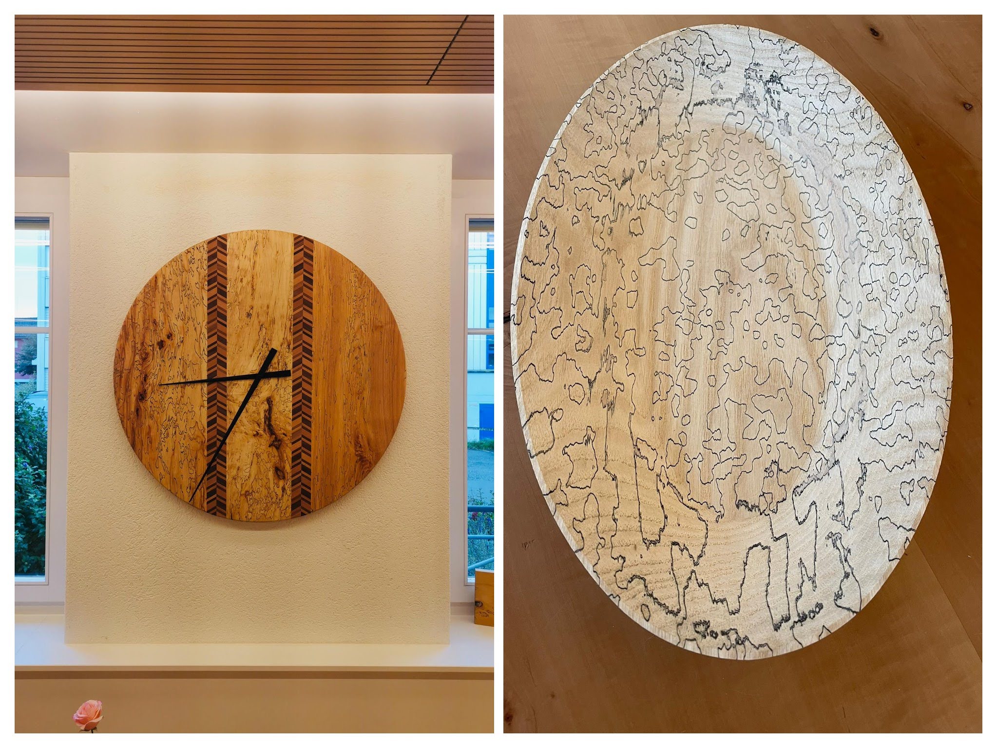 On the left is a big clock with two parallel lines designed by fungus. On the right, a bowl with squiggly lines are throughout the bowl, also designed with the help of fungus.
