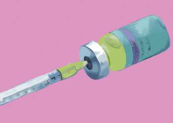 Insulin injection animation. Syringe pulls insulin from glass vial.