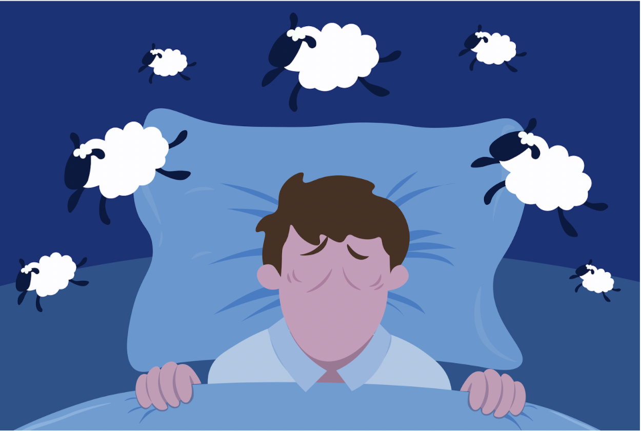 A digital illustration of a man with pursed brow and sheep around his pillow.