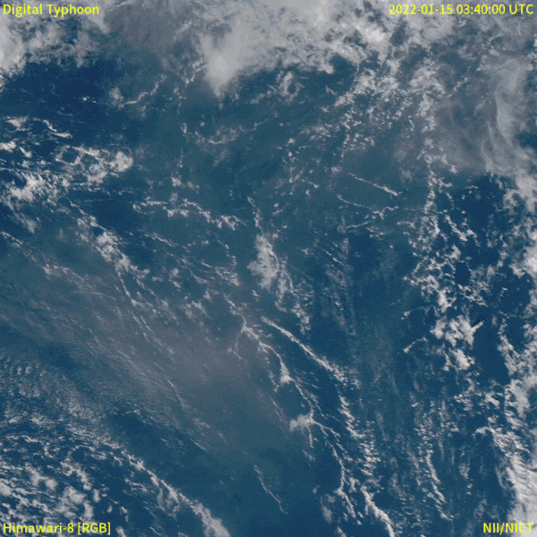 A gif of Hunga Tonga's eruption, as seen from space. A massive grey cloud of ash emerges from the middle of the ocean.