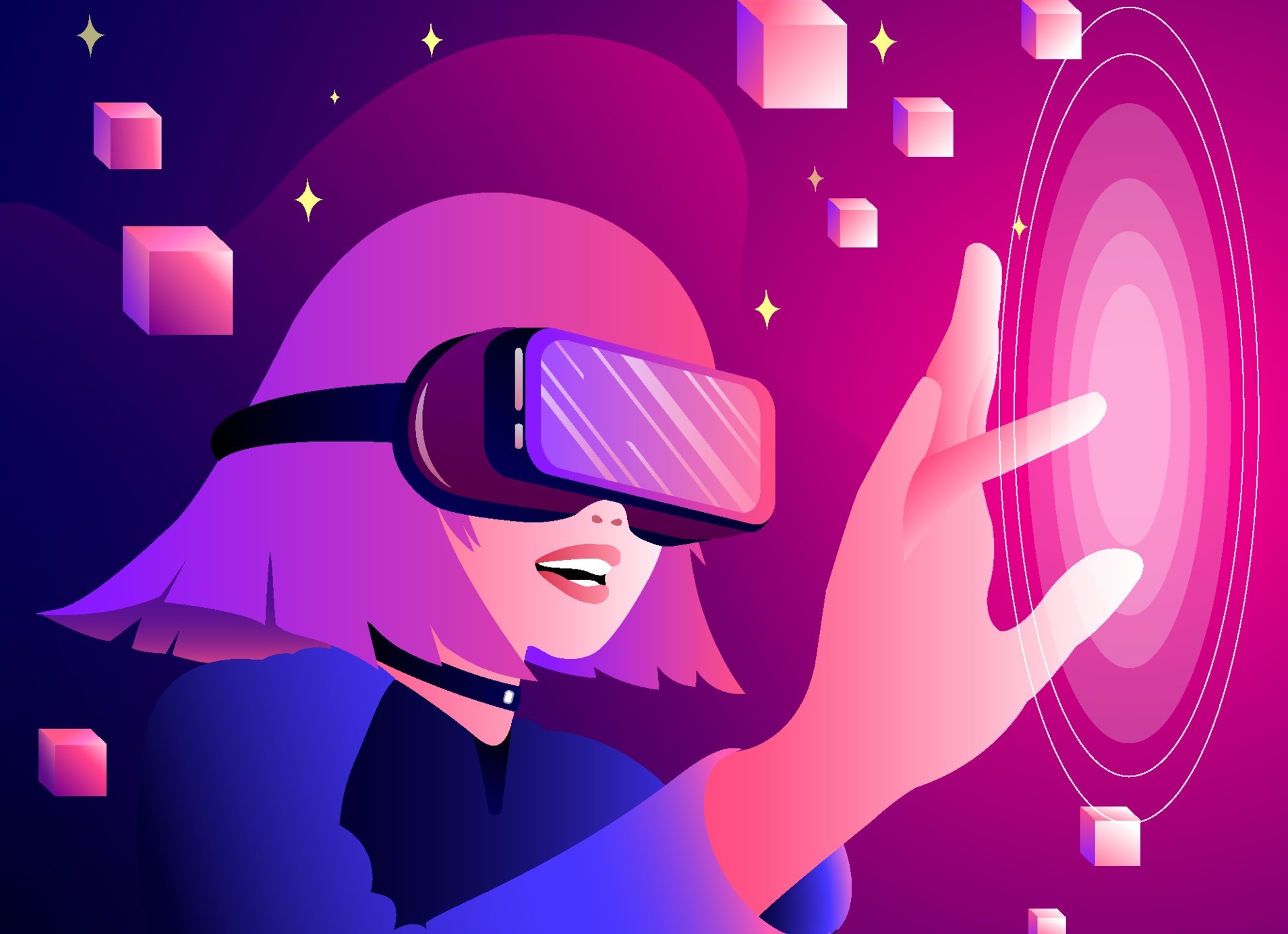 Digital illustration of a girl with VR goggles touching something in front of her