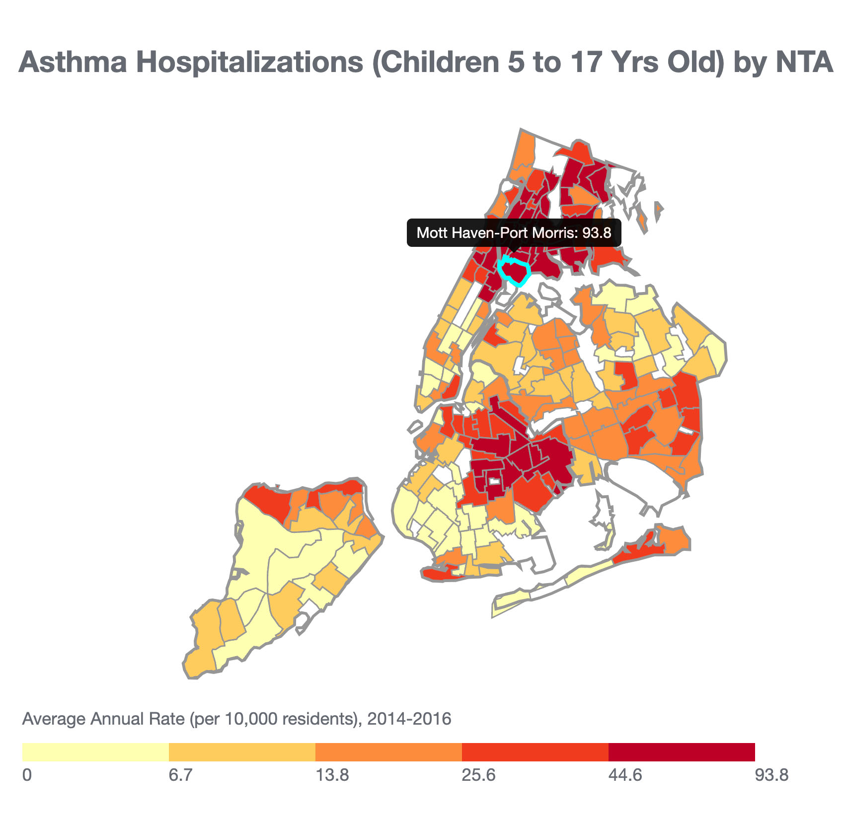 A map of asthma hospitalizations showing the highest rates in some areas of Brooklyn, North Manhattan, and the Bronx -- with the highest rates in Mott Haven-Port Morris