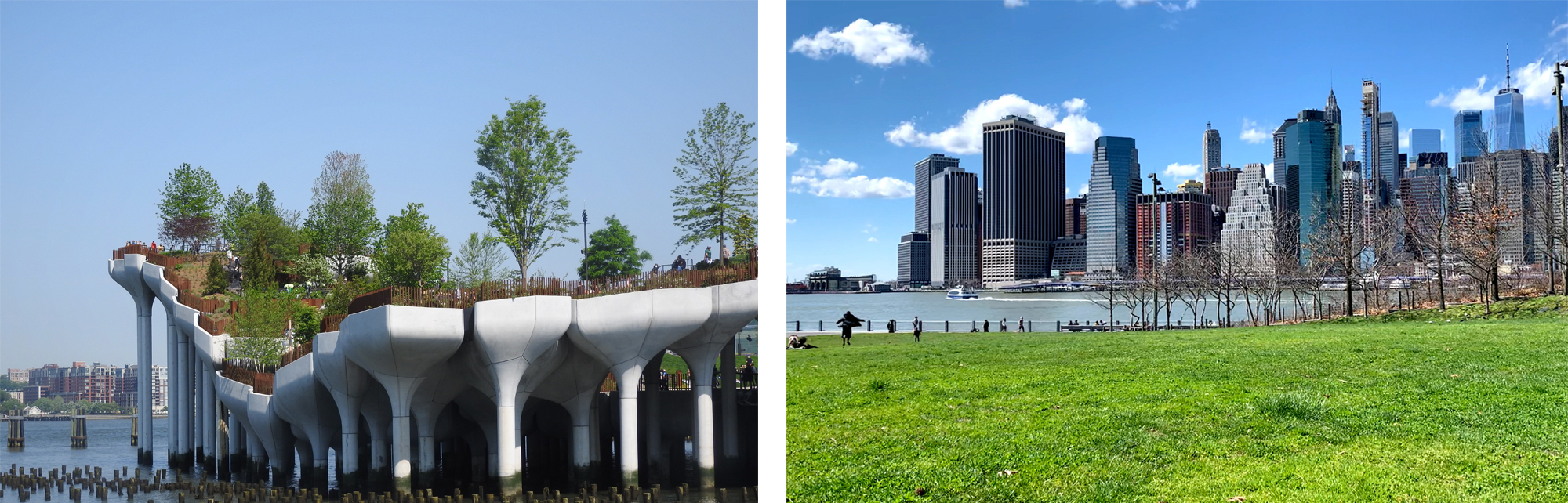 Left: Little Island park, a unique design on stilts above the water; Right: The southern Manhattan skyline across the river from a green park