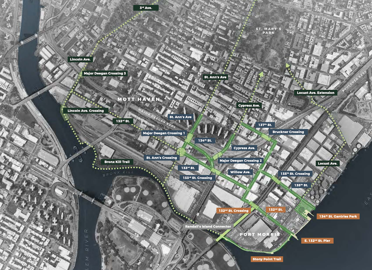 A map of the South Bronx overlaid with planned paths and sites for many public waterfront projects.