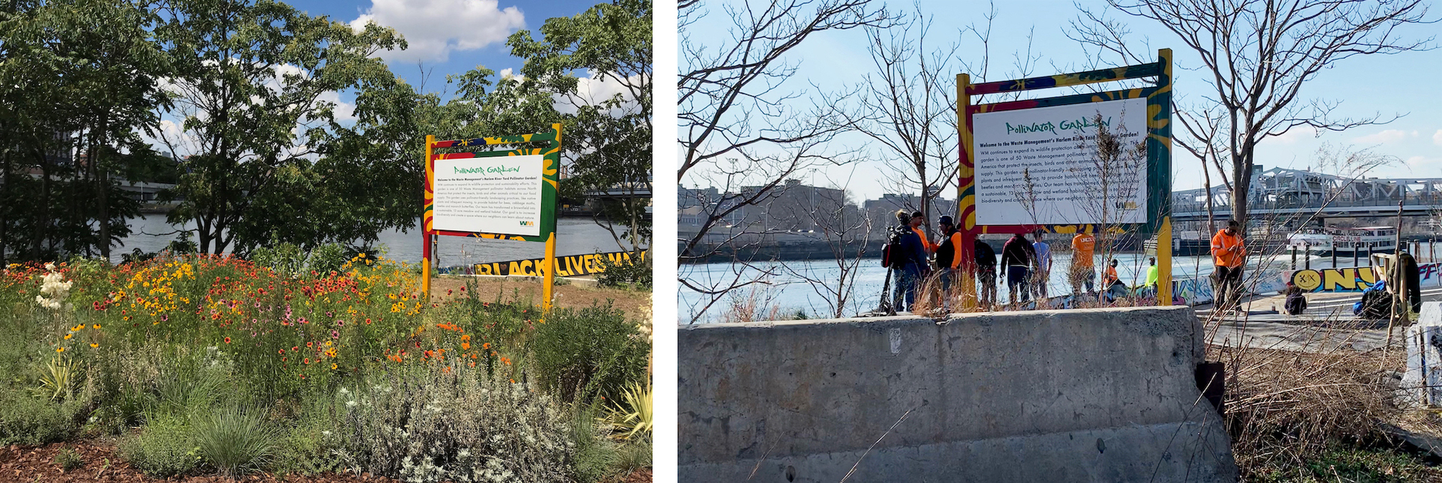 Two images side by side of the same waterfront area with the same sign. The image on the left has greenery and flowers that are dead in the right image.