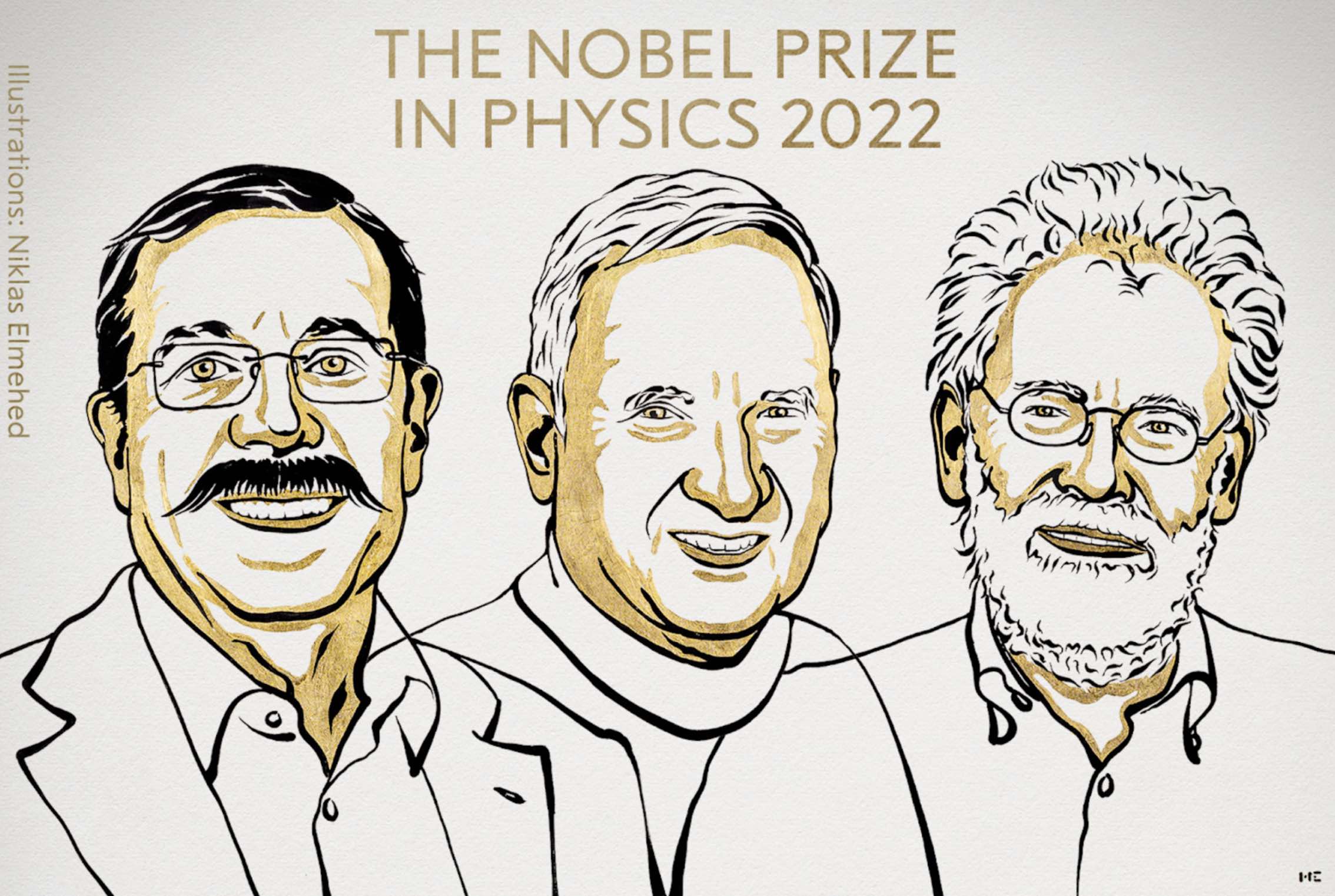 Illustrations of Alain Aspect, John F. Clauser and Anton Zeilinger, under the words "The Nobel Prize in Physics 2022."