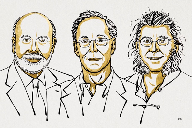 Illustration of Ben S. Bernanke, Douglas W. Diamond and Philip H. Dybvig, winners of The Sveriges Riksbank Prize in Economic Sciences in Memory of Alfred Nobel 2022.