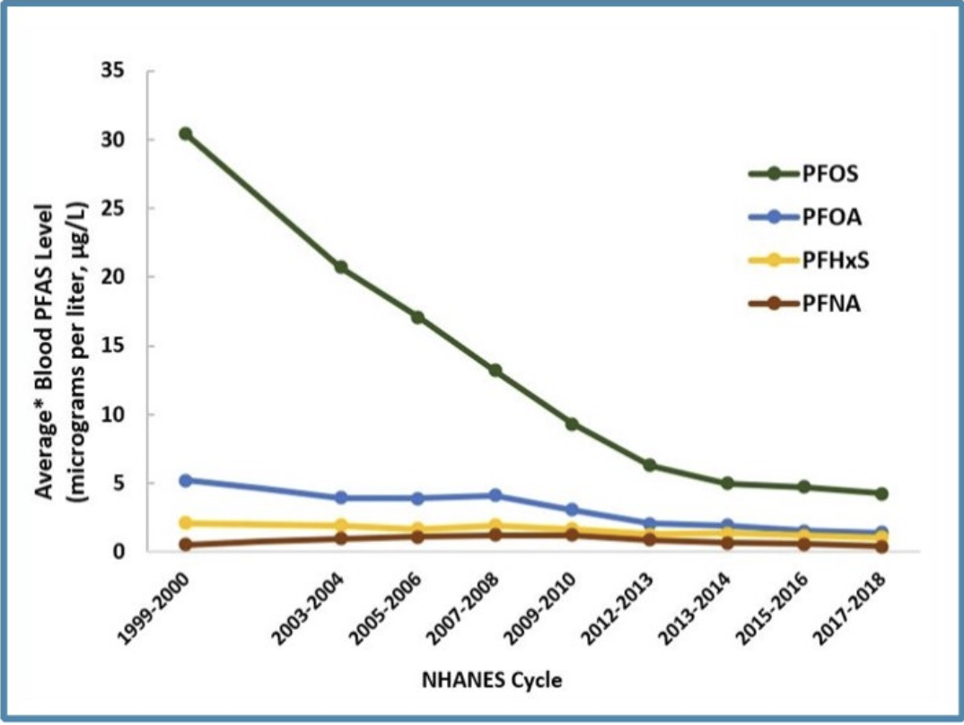 Graph showing decline in blood PFAS levels since 1999