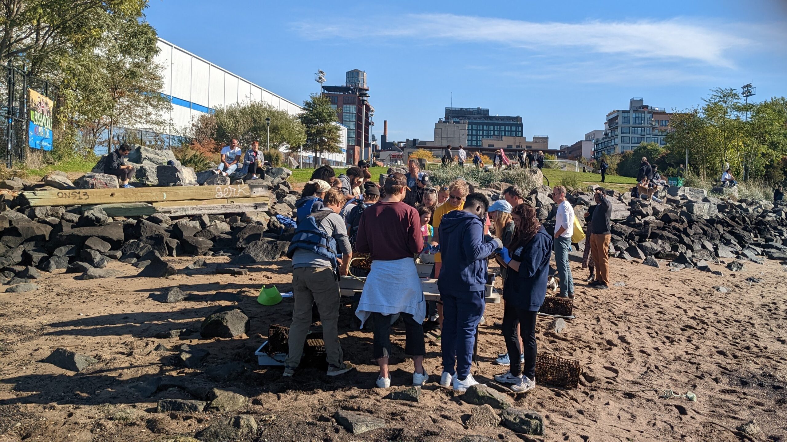 Twenty-five people stand around some tables on a sandy pier in Brooklyn, New York. Behind the tables is a park ringed with some trees.