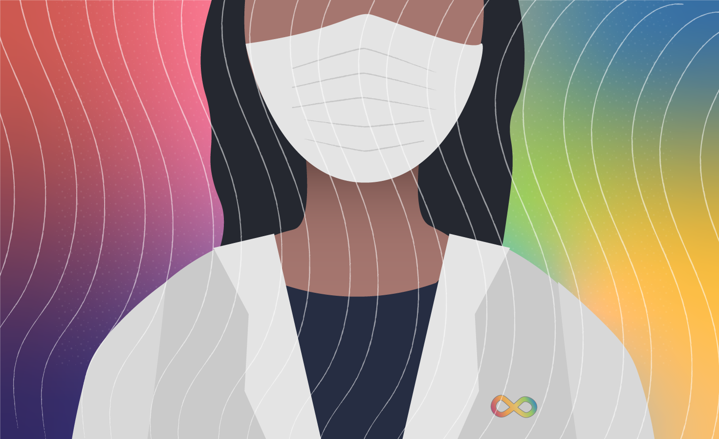 An illustration of a masked doctor wearing a neurodiversity pin